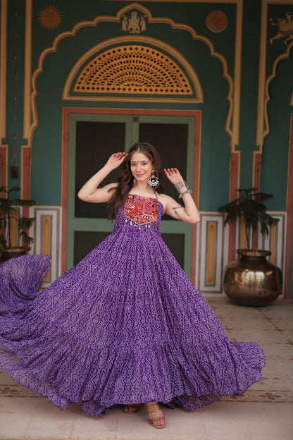 Leheriya Luxe Ajrakh Mirror Strap Anarkali Gown