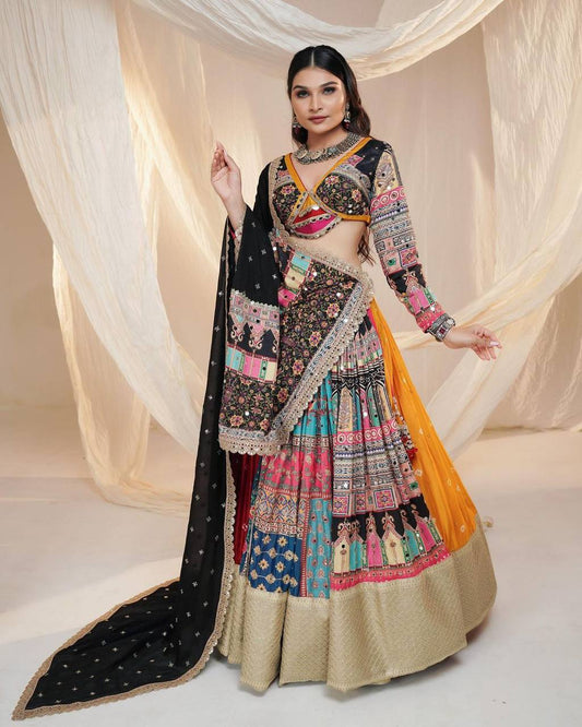 BEAUTIFUL LEHENGA CHOLI WITH  CANVAS PATTA BORDER