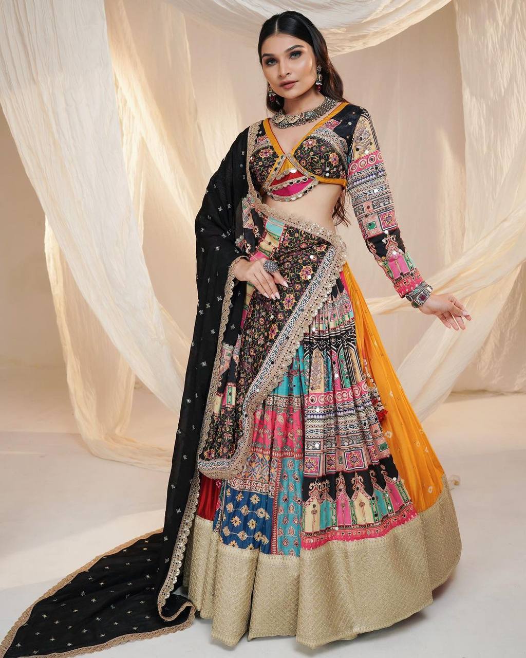 BEAUTIFUL LEHENGA CHOLI WITH  CANVAS PATTA BORDER