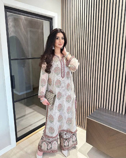 Ivory Garden Bloom  Party Wear Look Embroidered Heritage Suit Set