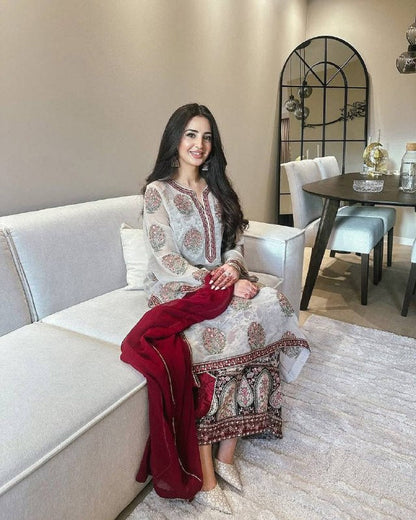Ivory Garden Bloom  Party Wear Look Embroidered Heritage Suit Set