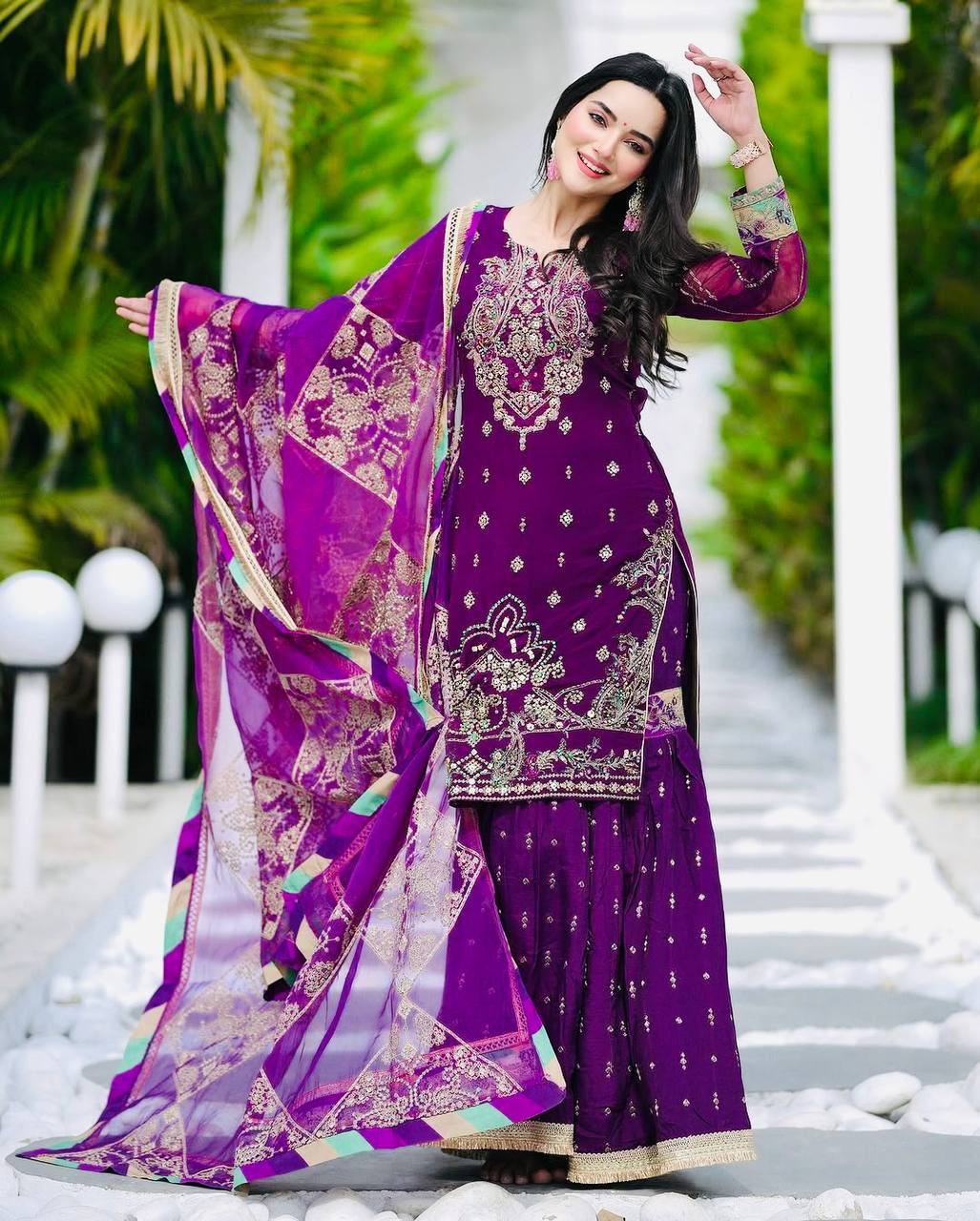 Royal Riwaz Deep Purple Antique Embroidery & Gota Borders Plazzo Set