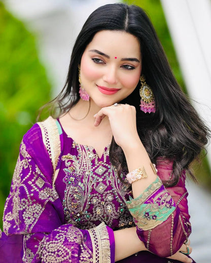 Royal Riwaz Deep Purple Antique Embroidery & Gota Borders Plazzo Set