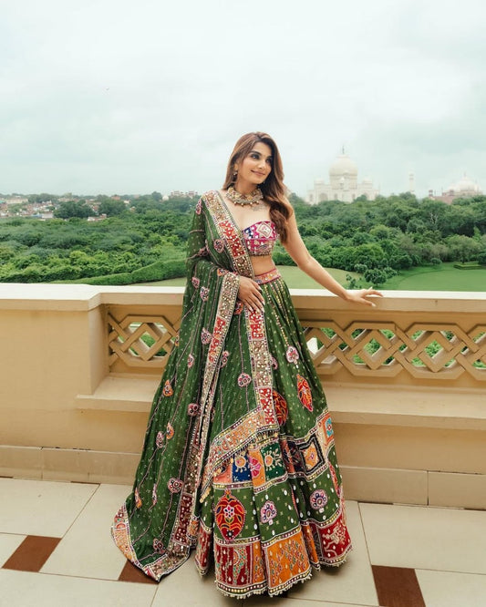 A Royal Look  Multicolor Patchwork Dream on Olive Drapes Lehengha Choli