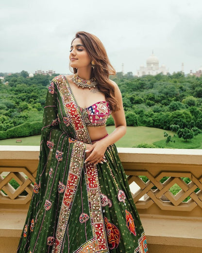 A Royal Look  Multicolor Patchwork Dream on Olive Drapes Lehengha Choli