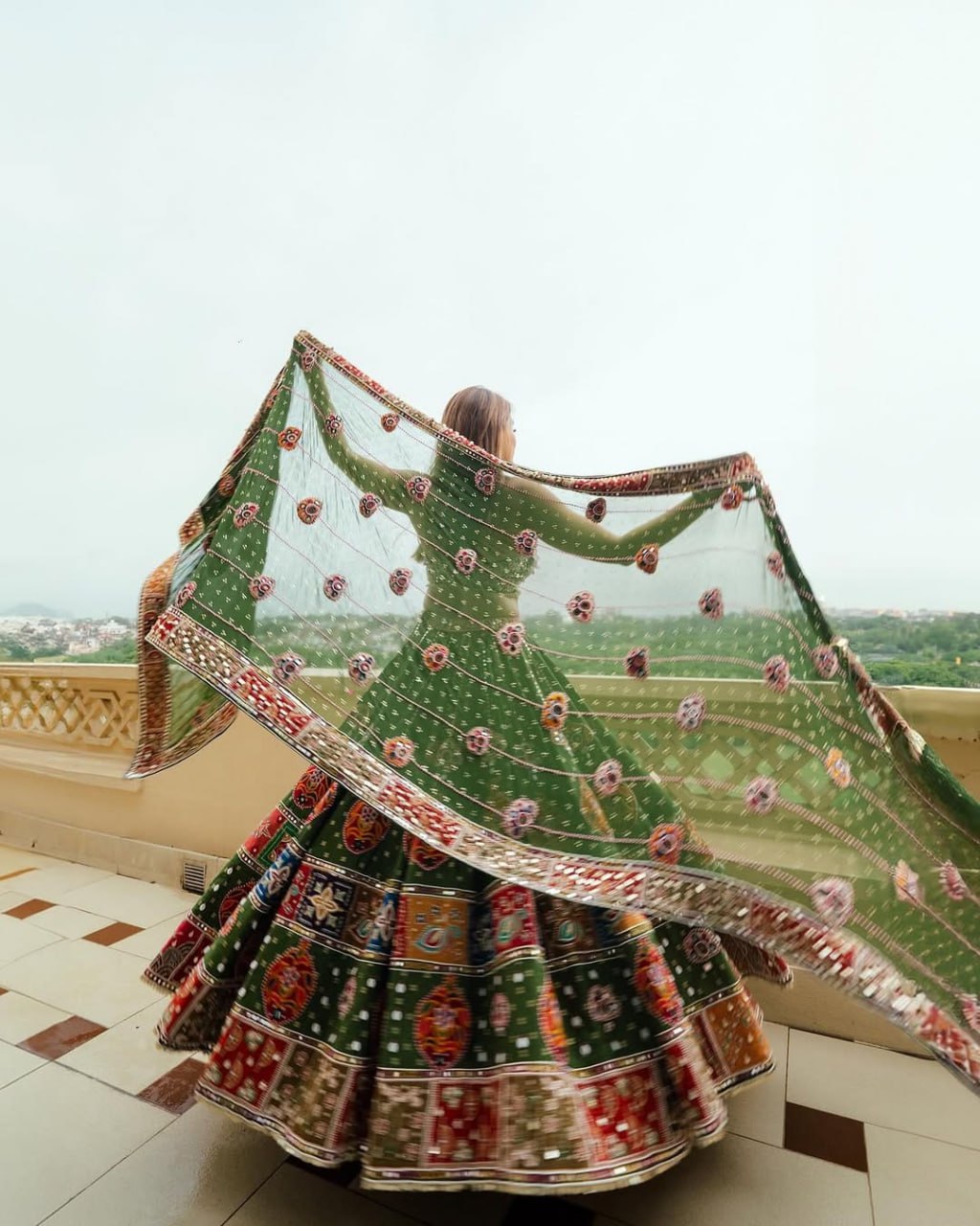 A Royal Look  Multicolor Patchwork Dream on Olive Drapes Lehengha Choli