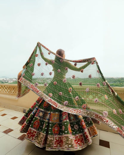 A Royal Look  Multicolor Patchwork Dream on Olive Drapes Lehengha Choli