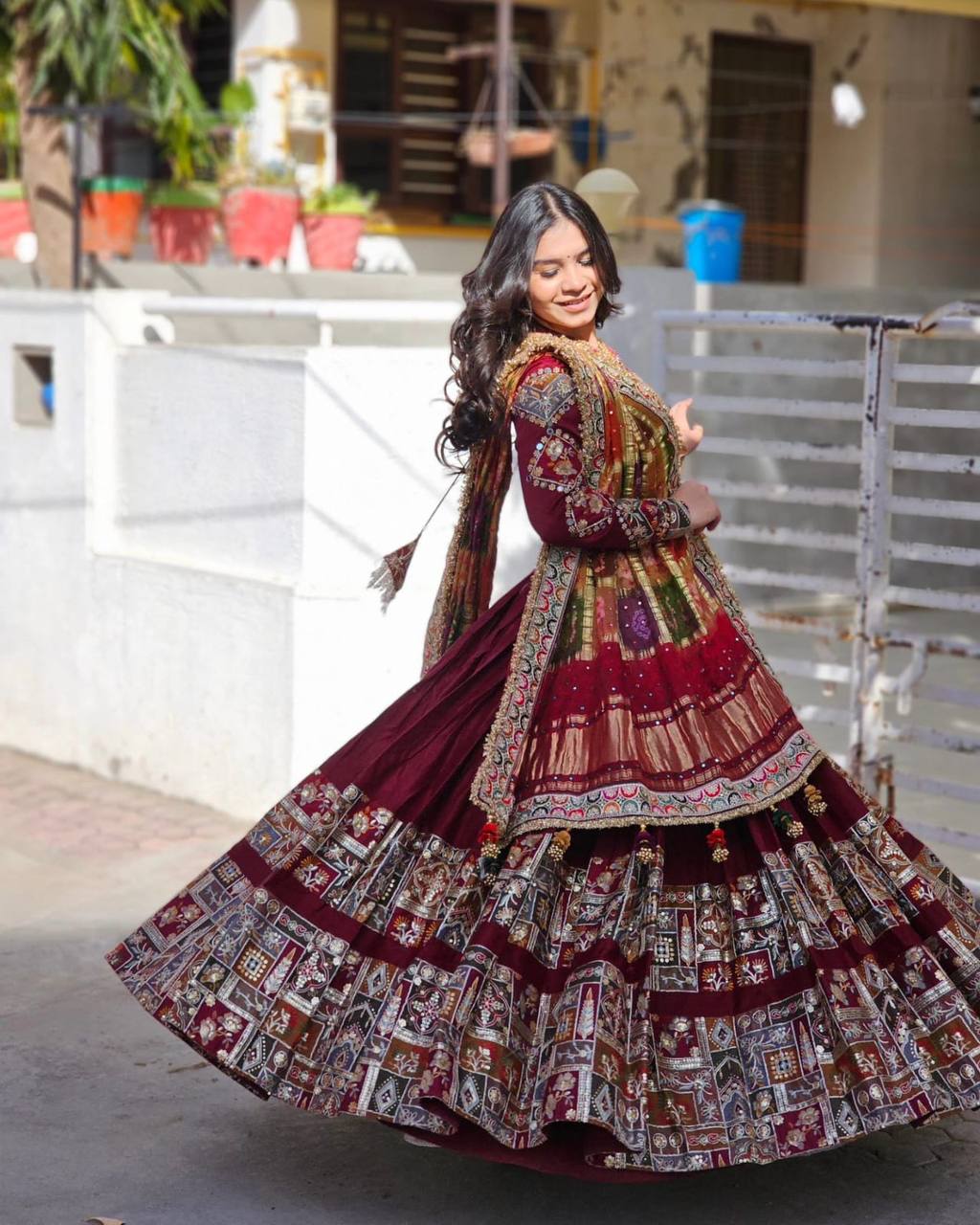 MAROON COLOR NAVRATRI SPECIAL BEAUTIFUL DESIGNER PRINTED LAHENGA CHOLI