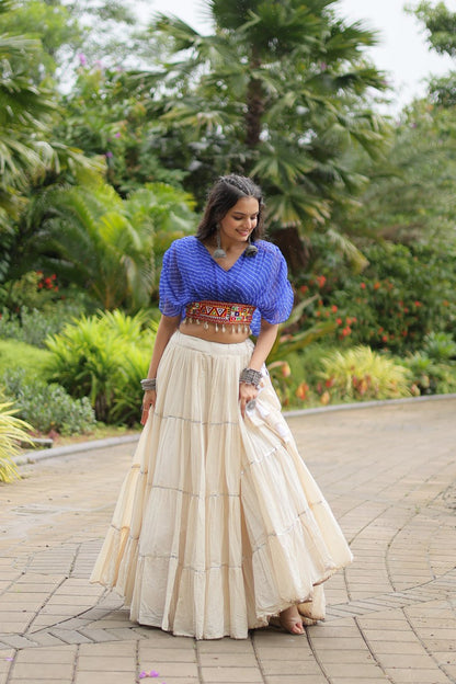 Kiara Blush Embroidered Blouse with Off-White Flared Lehenga