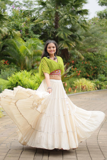 Kiara Blush Embroidered Blouse with Off-White Flared Lehenga