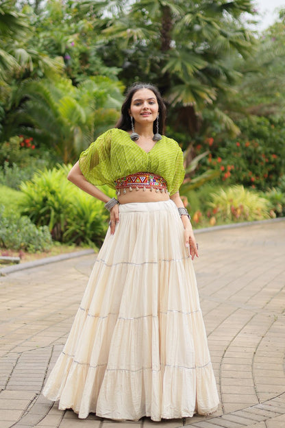 Kiara Blush Embroidered Blouse with Off-White Flared Lehenga
