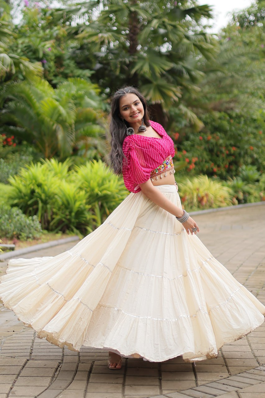 Kiara Blush Embroidered Blouse with Off-White Flared Lehenga