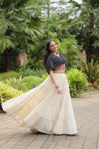 Kiara Blush Embroidered Blouse with Off-White Flared Lehenga
