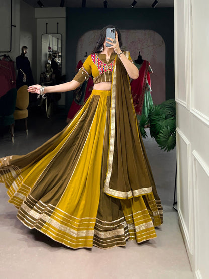 Navrang Mustard & Olive with Embroidered Mirror Neckline Navratri Lehenga