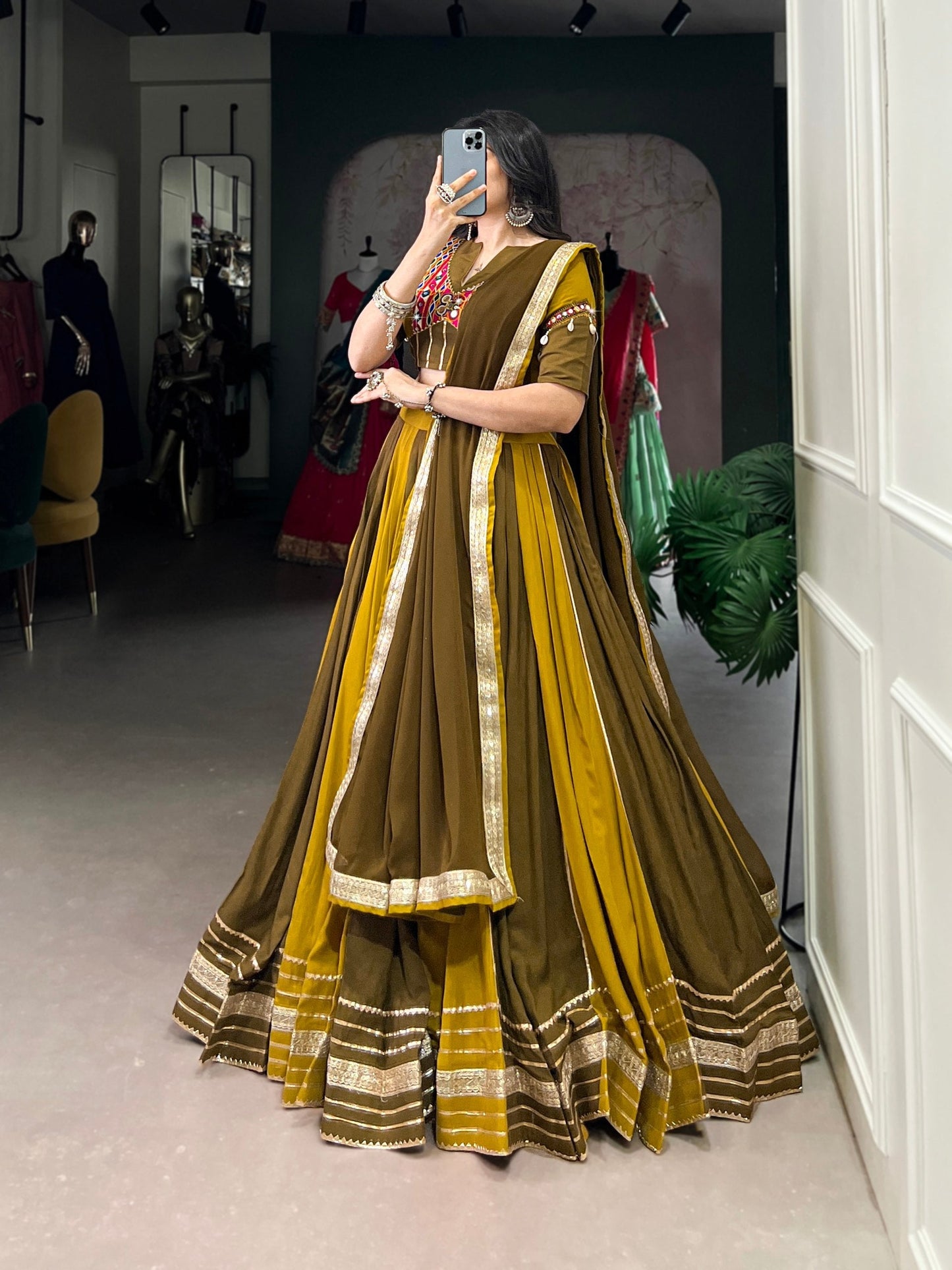 Navrang Mustard & Olive with Embroidered Mirror Neckline Navratri Lehenga