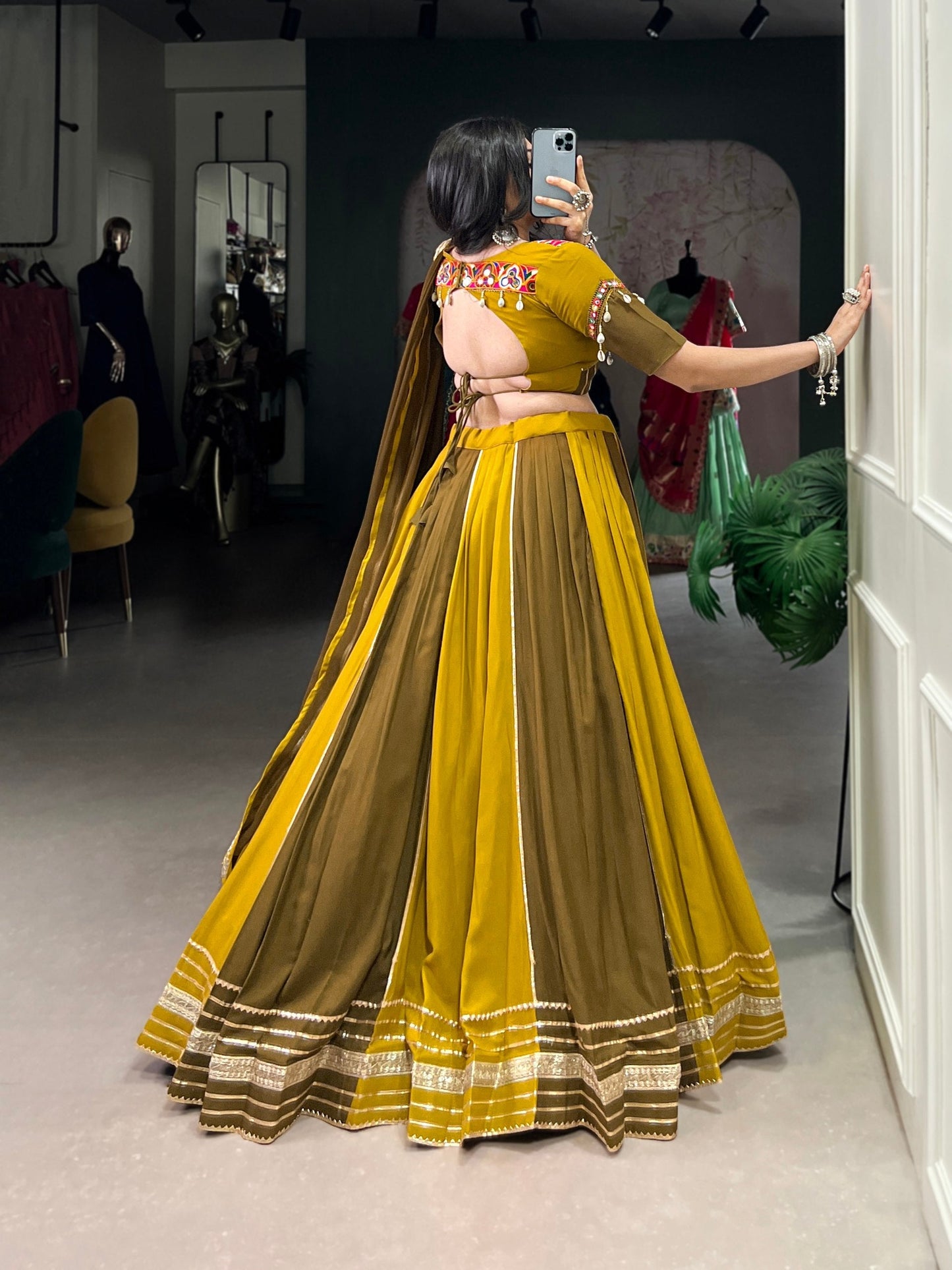 Navrang Mustard & Olive with Embroidered Mirror Neckline Navratri Lehenga