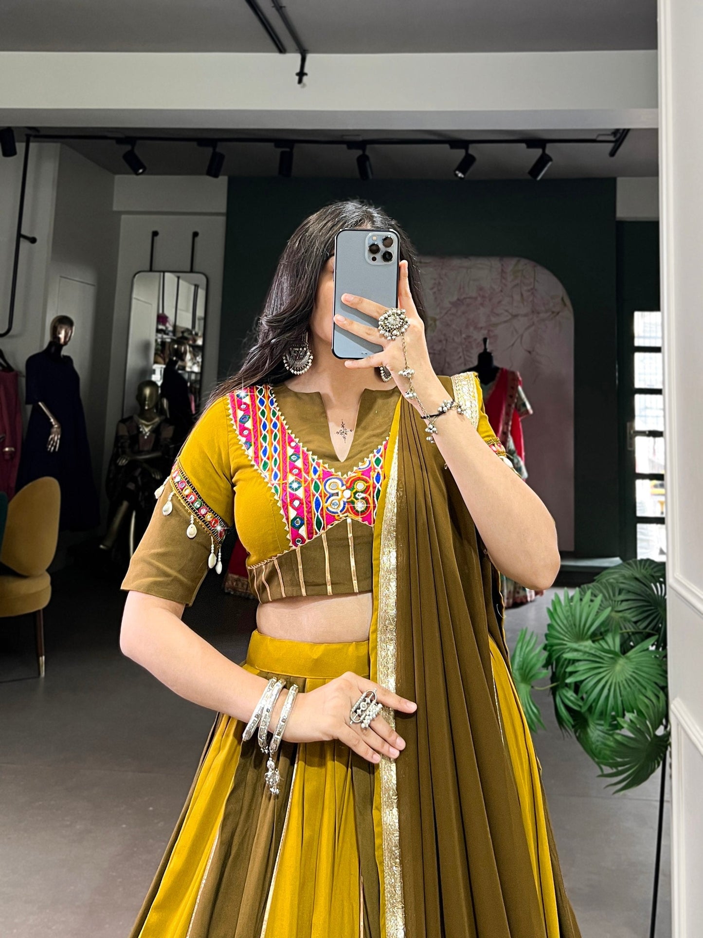 Navrang Mustard & Olive with Embroidered Mirror Neckline Navratri Lehenga