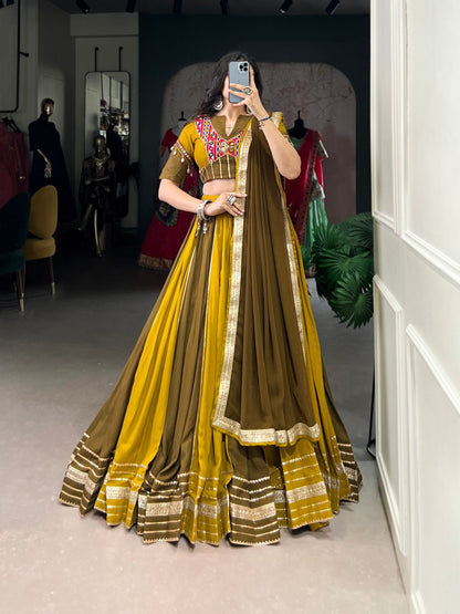 Navrang Mustard & Olive with Embroidered Mirror Neckline Navratri Lehenga