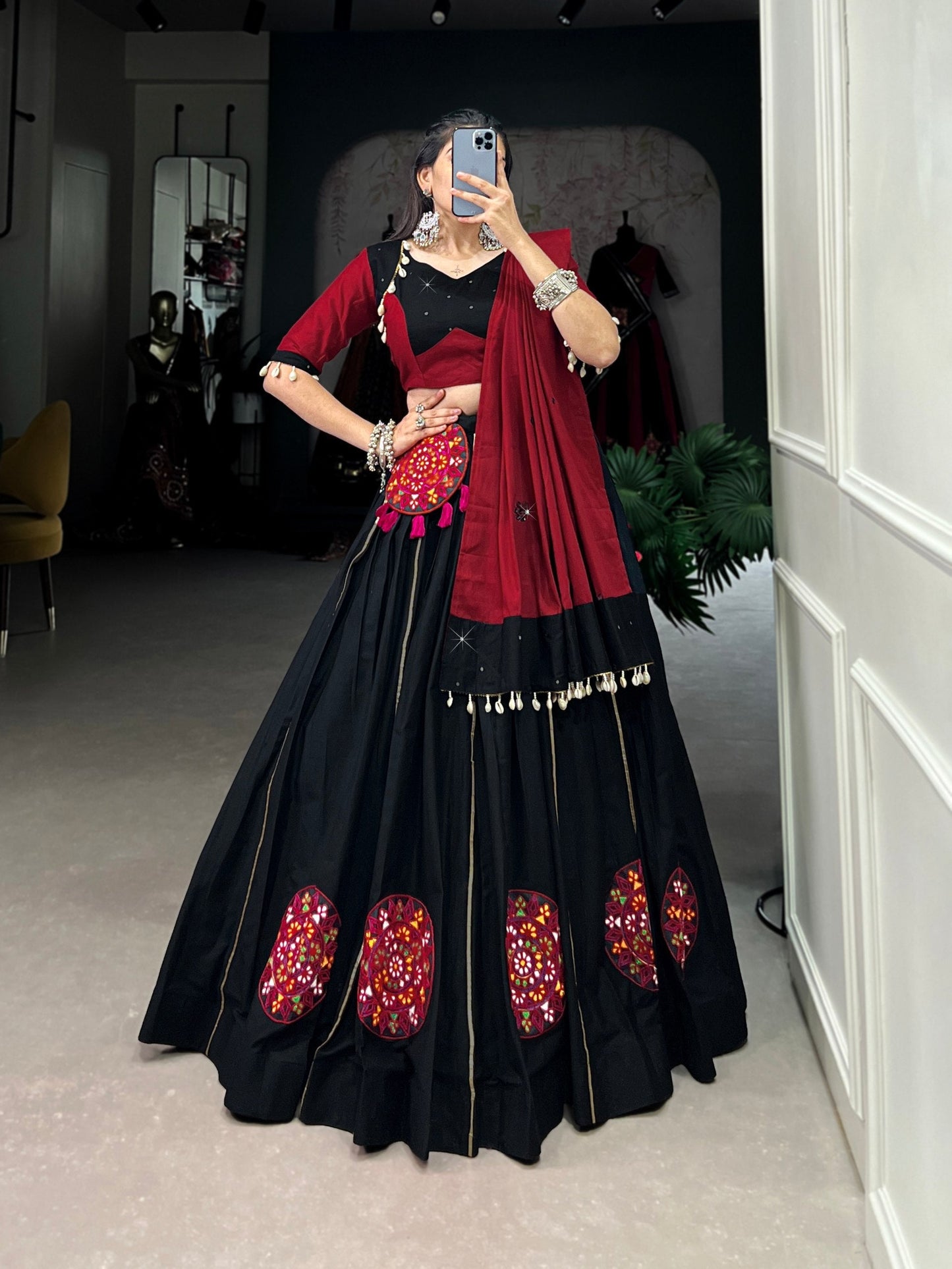 Krisha in Bold Beats Mirror Drops & Maroon Moves Lehenga Choli