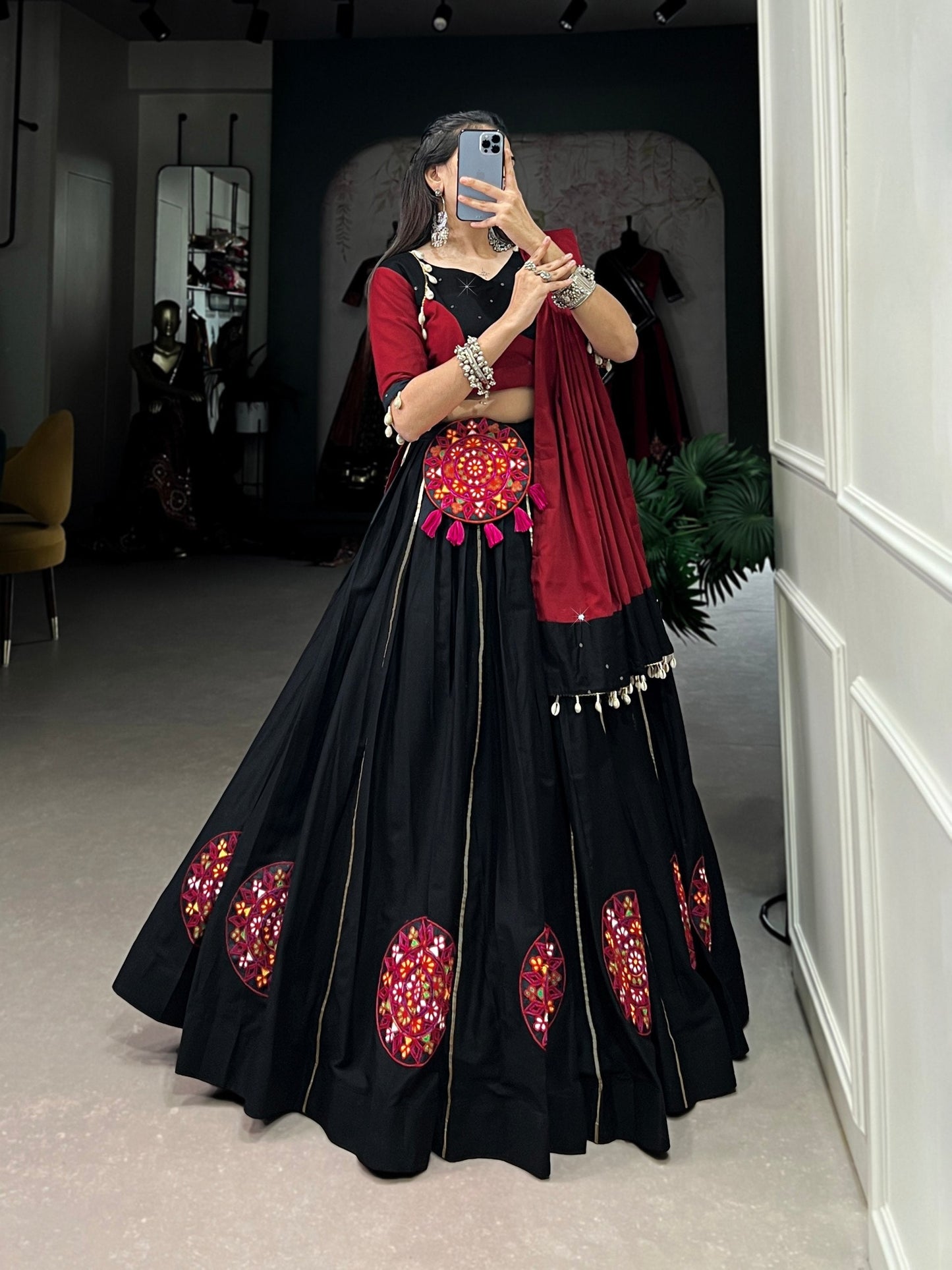 Krisha in Bold Beats Mirror Drops & Maroon Moves Lehenga Choli