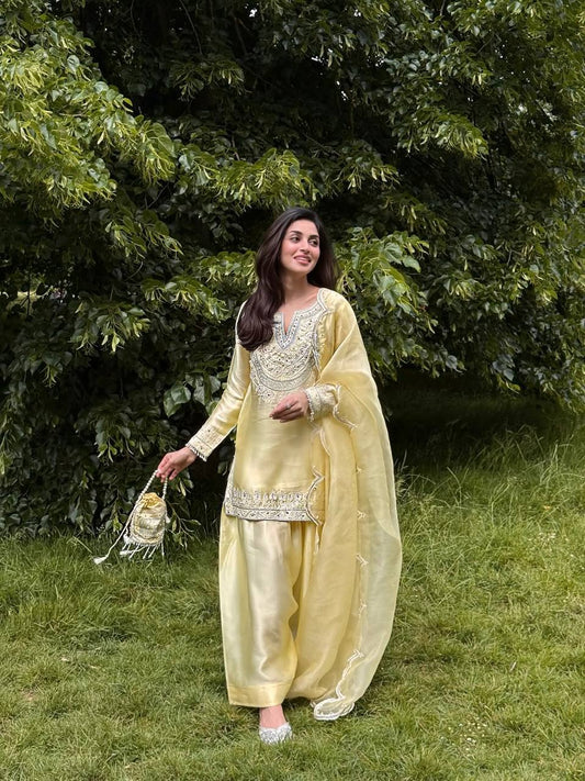 Aarzu Soft Yellow Ethnic Wear with Threadwork Charm Plazo Set