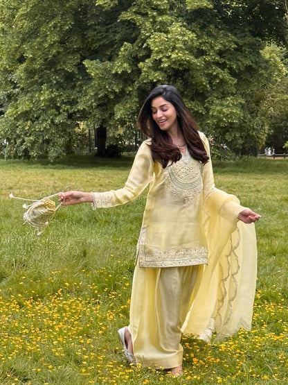 Aarzu Soft Yellow Ethnic Wear with Threadwork Charm Plazo Set