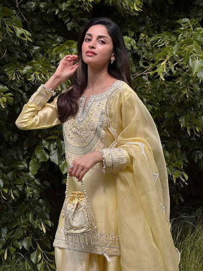 Aarzu Soft Yellow Ethnic Wear with Threadwork Charm Plazo Set