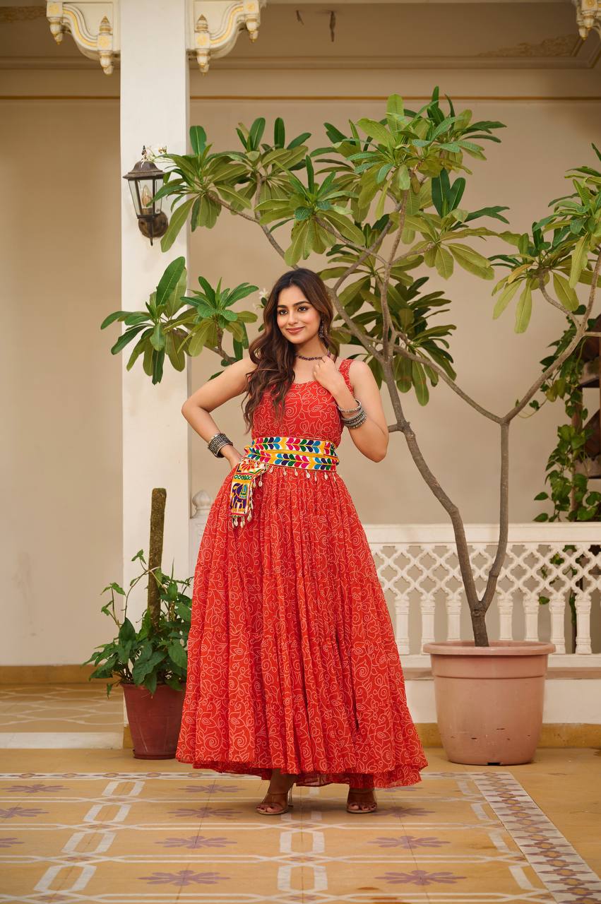 Meera Mirror Belt & Bandhni Print Navratri Special Gown