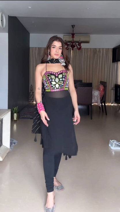 Noorina Black Mirror Embroidered Fusion Kurti Set