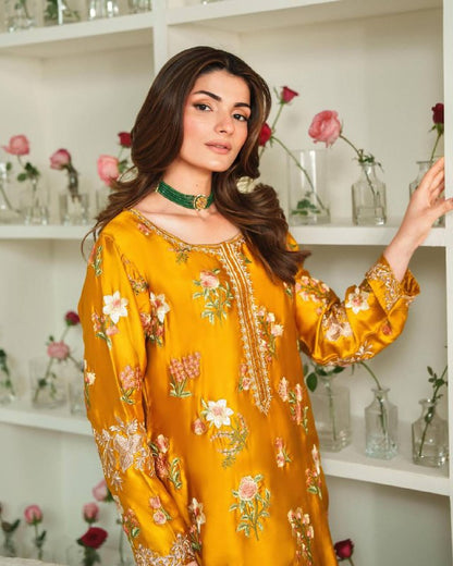Meherun Mustard Yellow & Mint Green Floral Embroidered Palazzo Suit