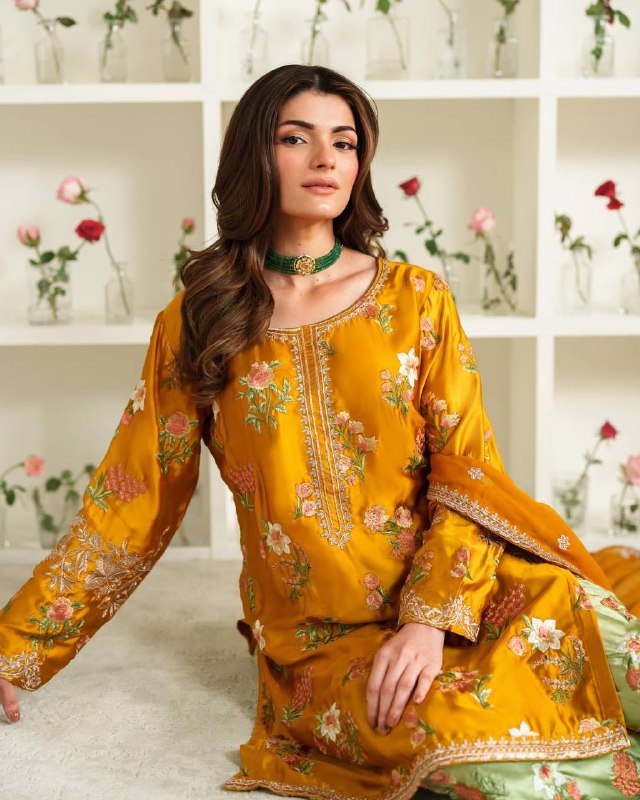 Meherun Mustard Yellow & Mint Green Floral Embroidered Palazzo Suit
