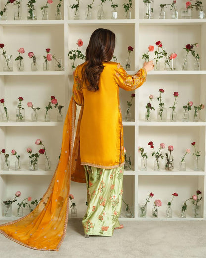 Meherun Mustard Yellow & Mint Green Floral Embroidered Palazzo Suit