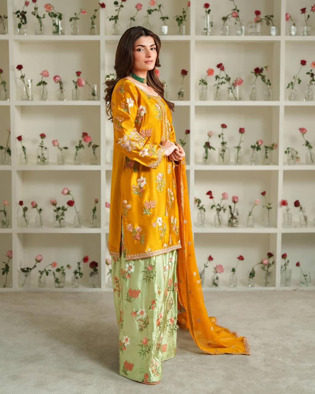Meherun Mustard Yellow & Mint Green Floral Embroidered Palazzo Suit