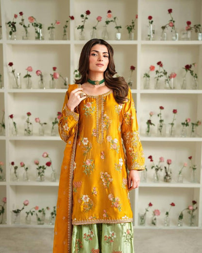 Meherun Mustard Yellow & Mint Green Floral Embroidered Palazzo Suit