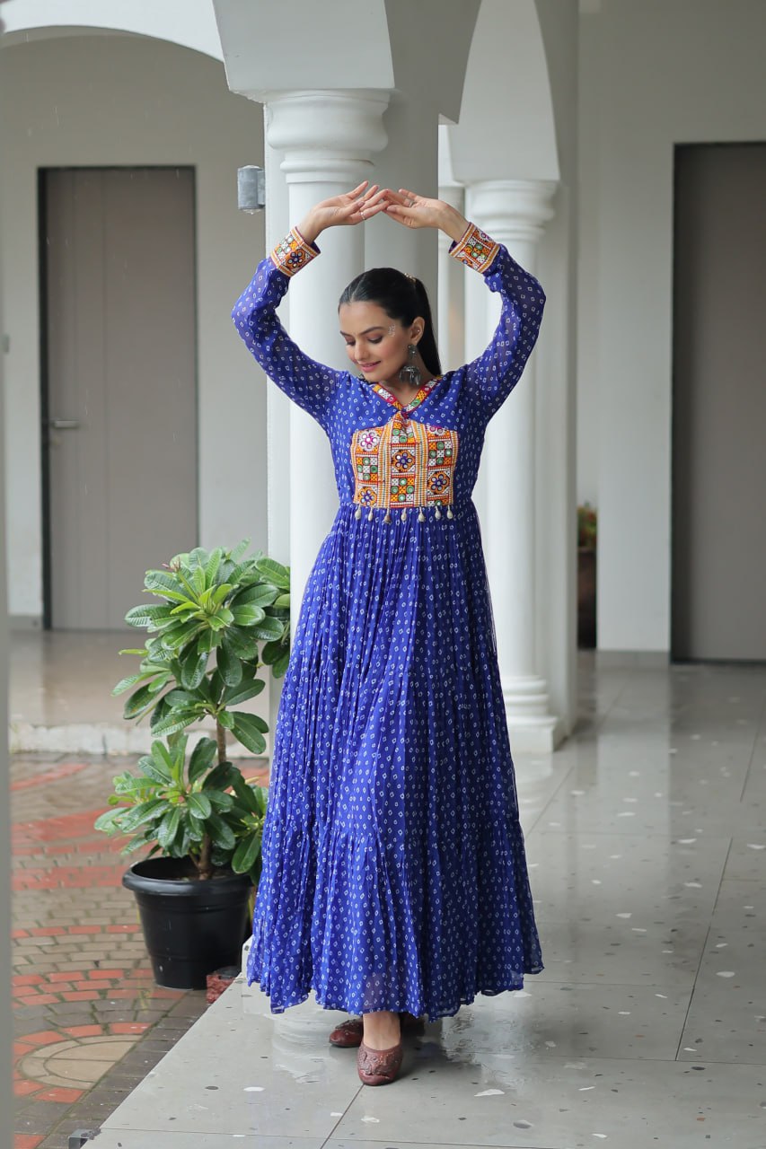 Rangriti Swirl Traditional Bandhani Print Mirror Embroidery Gown