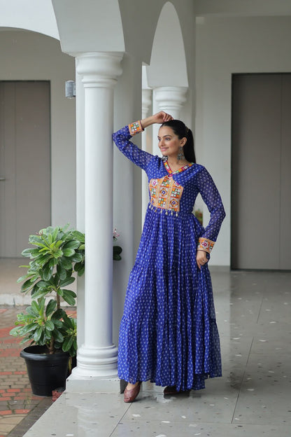 Rangriti Swirl Traditional Bandhani Print Mirror Embroidery Gown