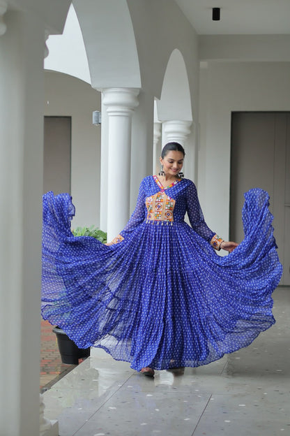 Rangriti Swirl Traditional Bandhani Print Mirror Embroidery Gown