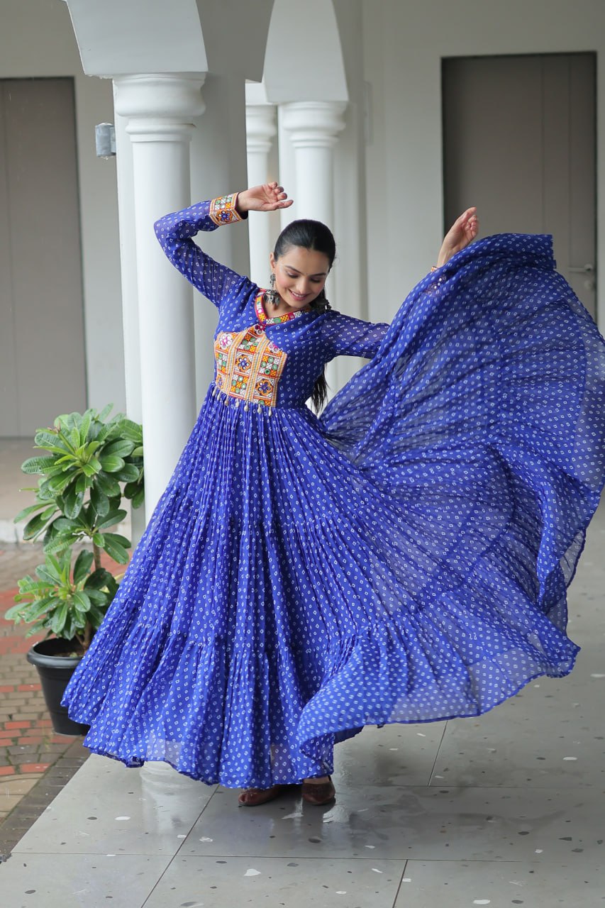 Rangriti Swirl Traditional Bandhani Print Mirror Embroidery Gown