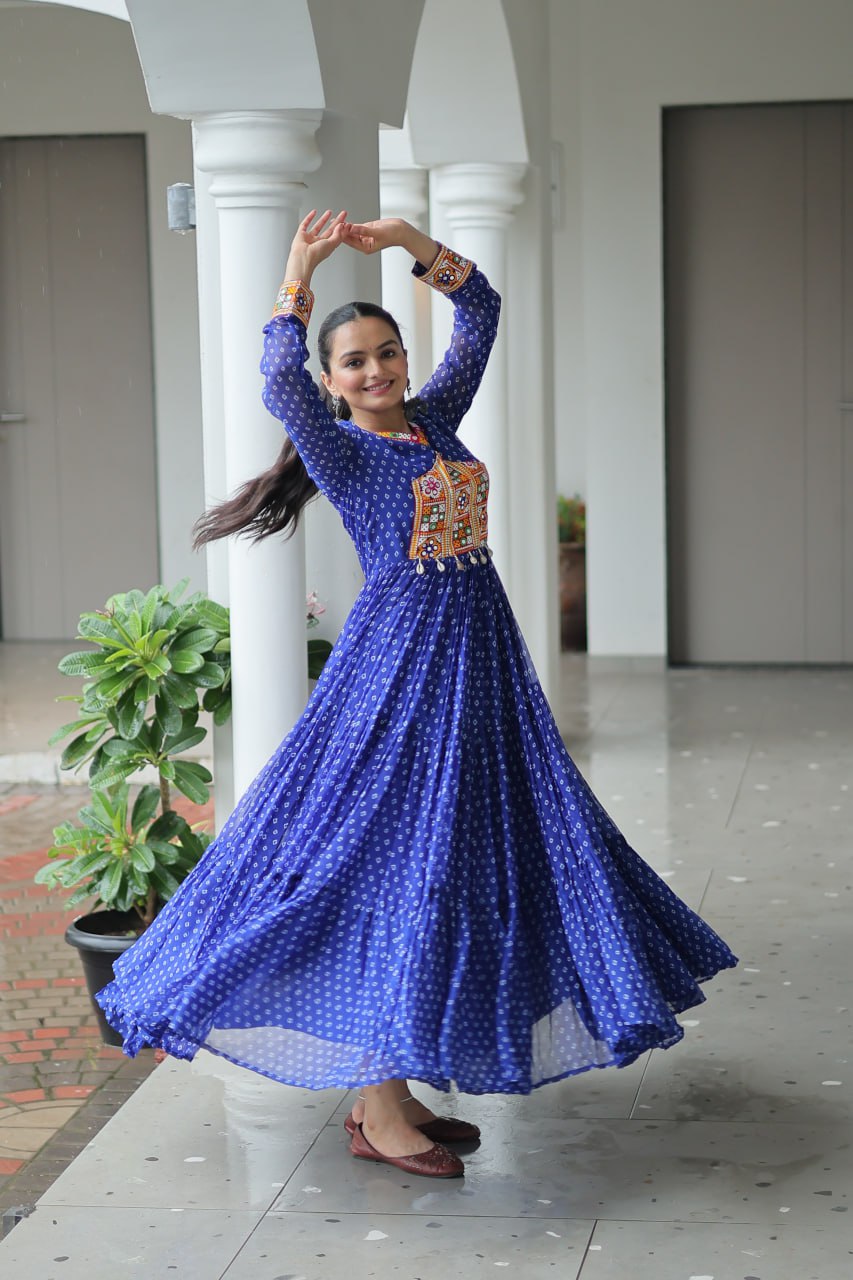 Rangriti Swirl Traditional Bandhani Print Mirror Embroidery Gown