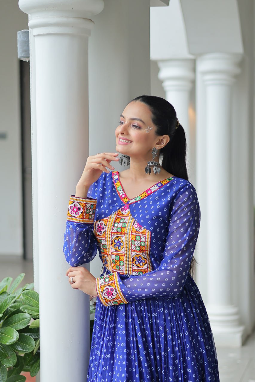 Rangriti Swirl Traditional Bandhani Print Mirror Embroidery Gown