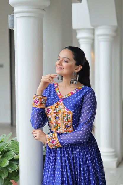 Rangriti Swirl Traditional Bandhani Print Mirror Embroidery Gown