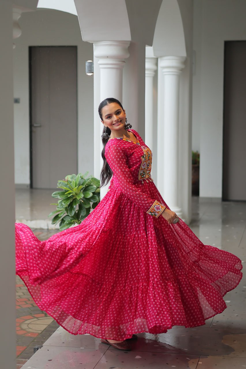 Rangriti Swirl Traditional Bandhani Print Mirror Embroidery Gown