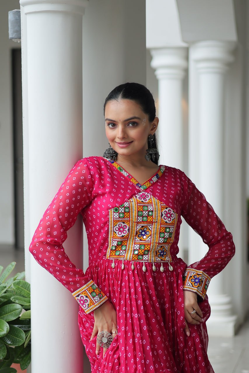 Rangriti Swirl Traditional Bandhani Print Mirror Embroidery Gown