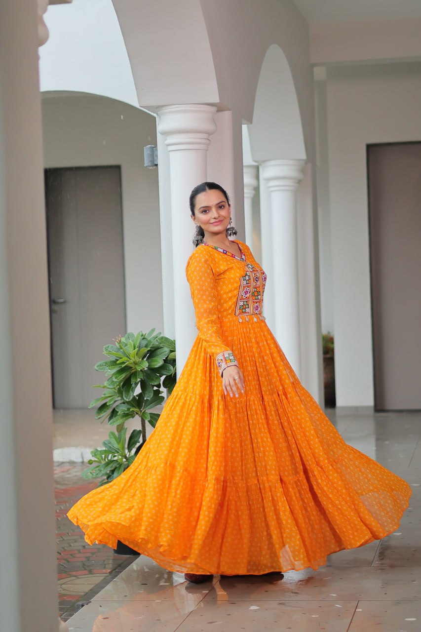 Rangriti Swirl Traditional Bandhani Print Mirror Embroidery Gown