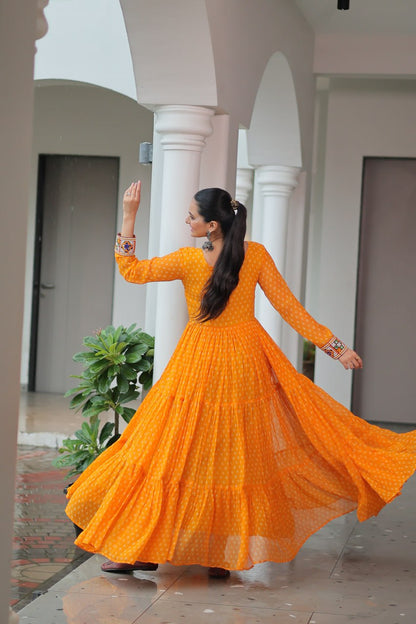 Rangriti Swirl Traditional Bandhani Print Mirror Embroidery Gown