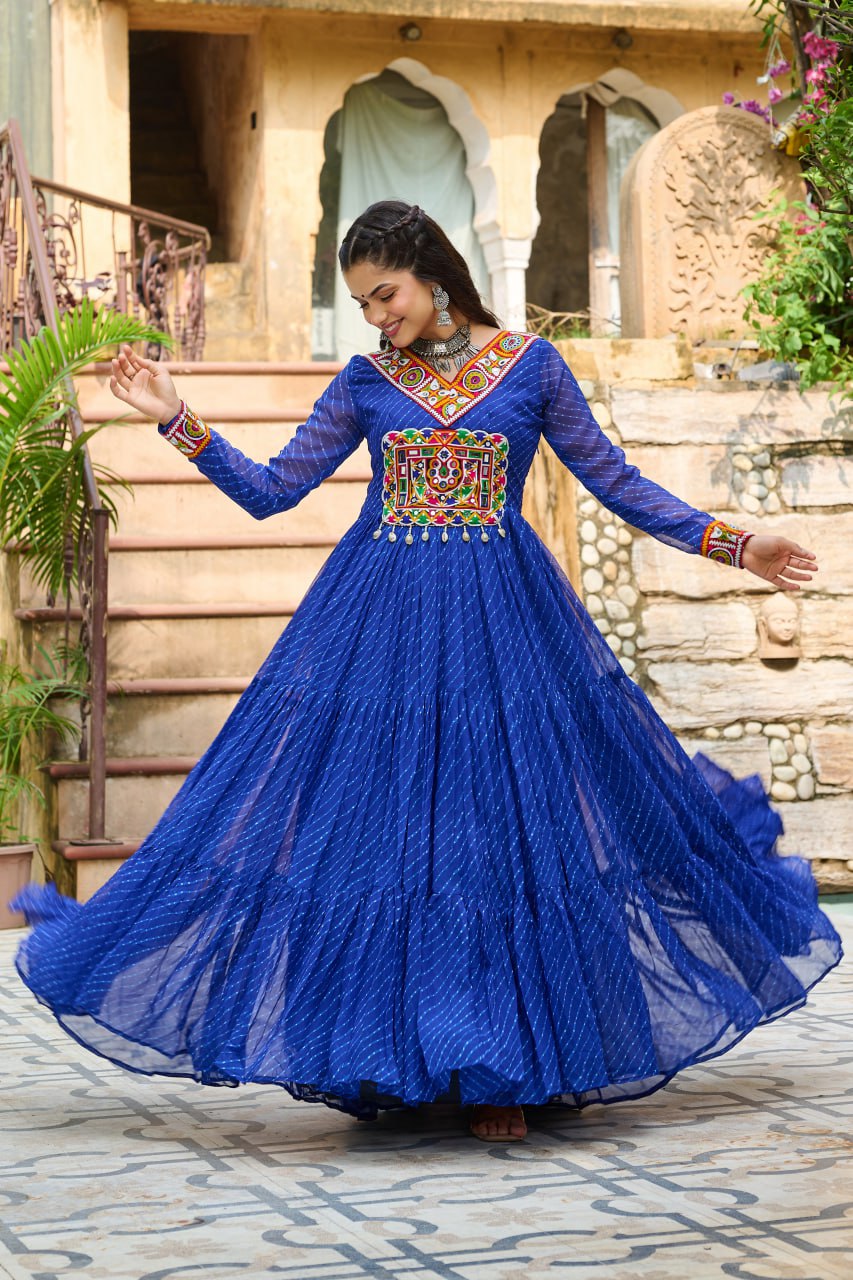 Navratri Special Ethnic Mirror Embroidered Georgette Flared Gown