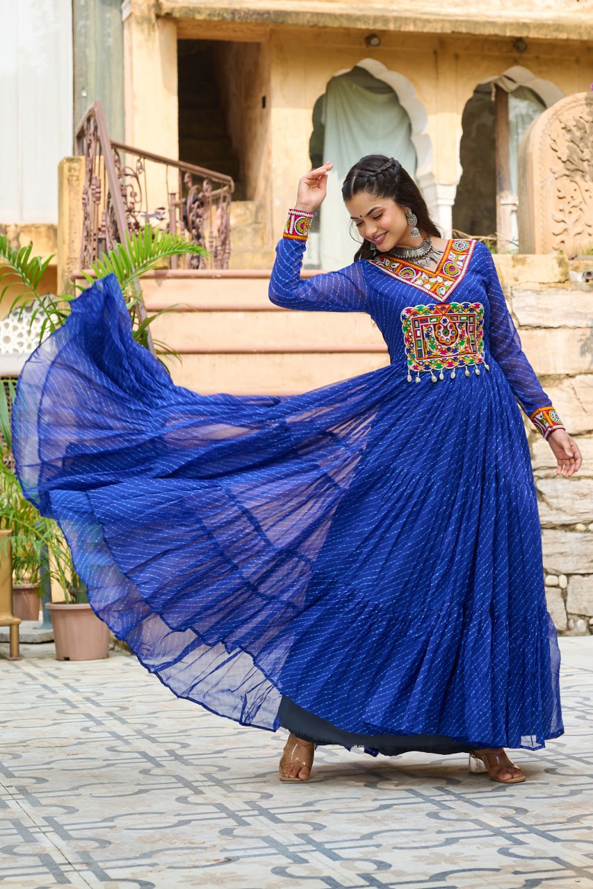 Navratri Special Ethnic Mirror Embroidered Georgette Flared Gown