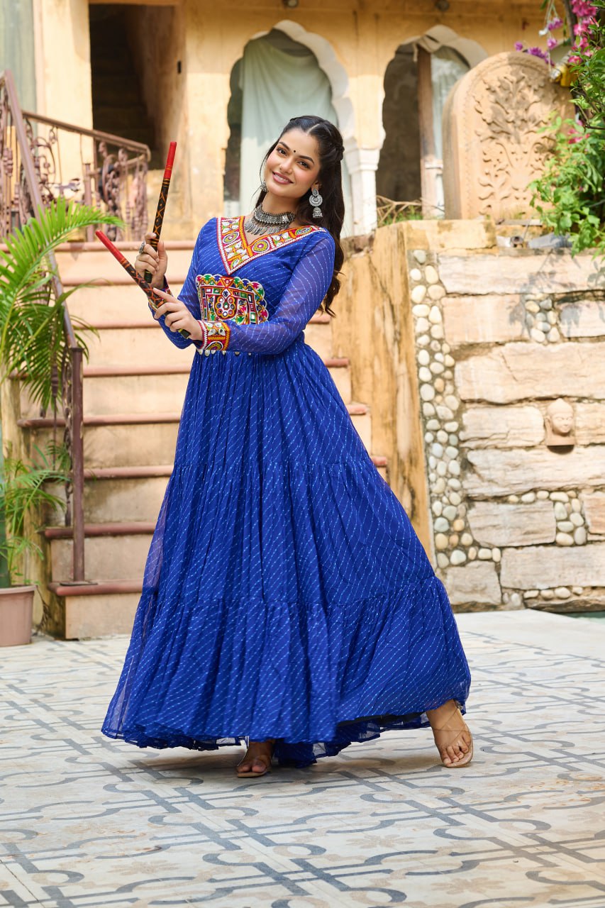 Navratri Special Ethnic Mirror Embroidered Georgette Flared Gown