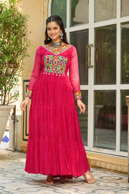 Navratri Special Ethnic Mirror Embroidered Georgette Flared Gown