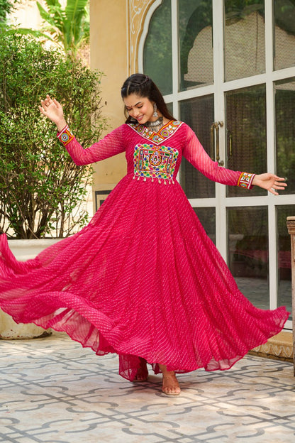 Navratri Special Ethnic Mirror Embroidered Georgette Flared Gown